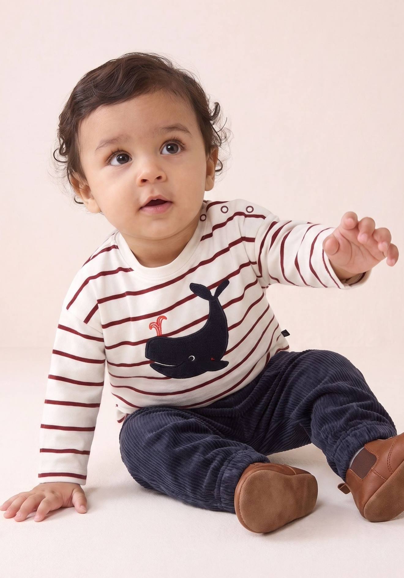 Mariniere Manches Longues 100% Coton Bébé Garçon Fond Blanc Casse Raye Bordeaux