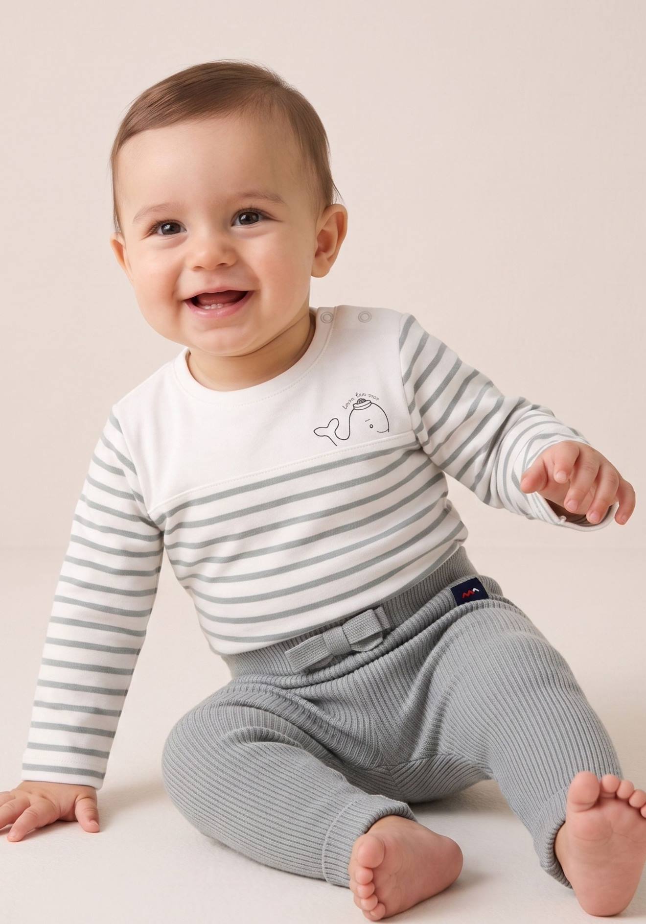 Body Manches Longues 100% Coton Bébé Garçon Fond Naturel Raye Vert D Eau