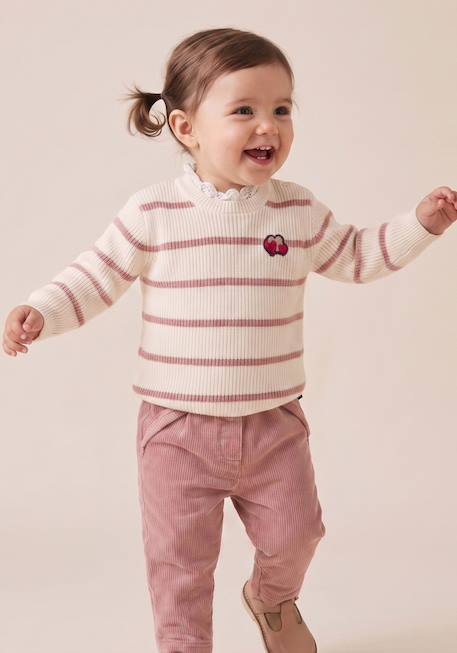 Pull bébé fille Fond blanc casse raye rose 1 - vertbaudet enfant 