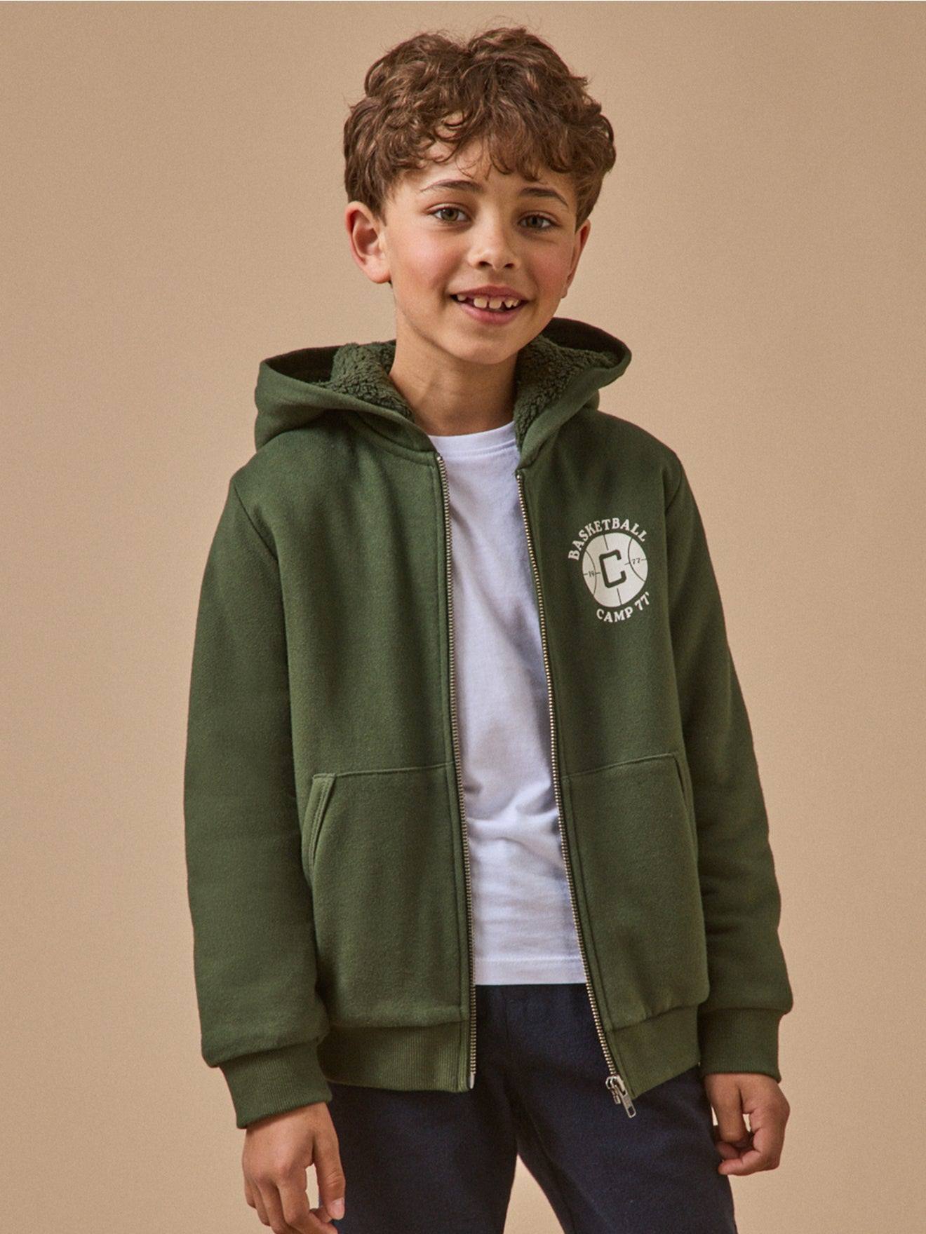 Sweat Zippé Doublé Sherpa Garçon Vert Foret