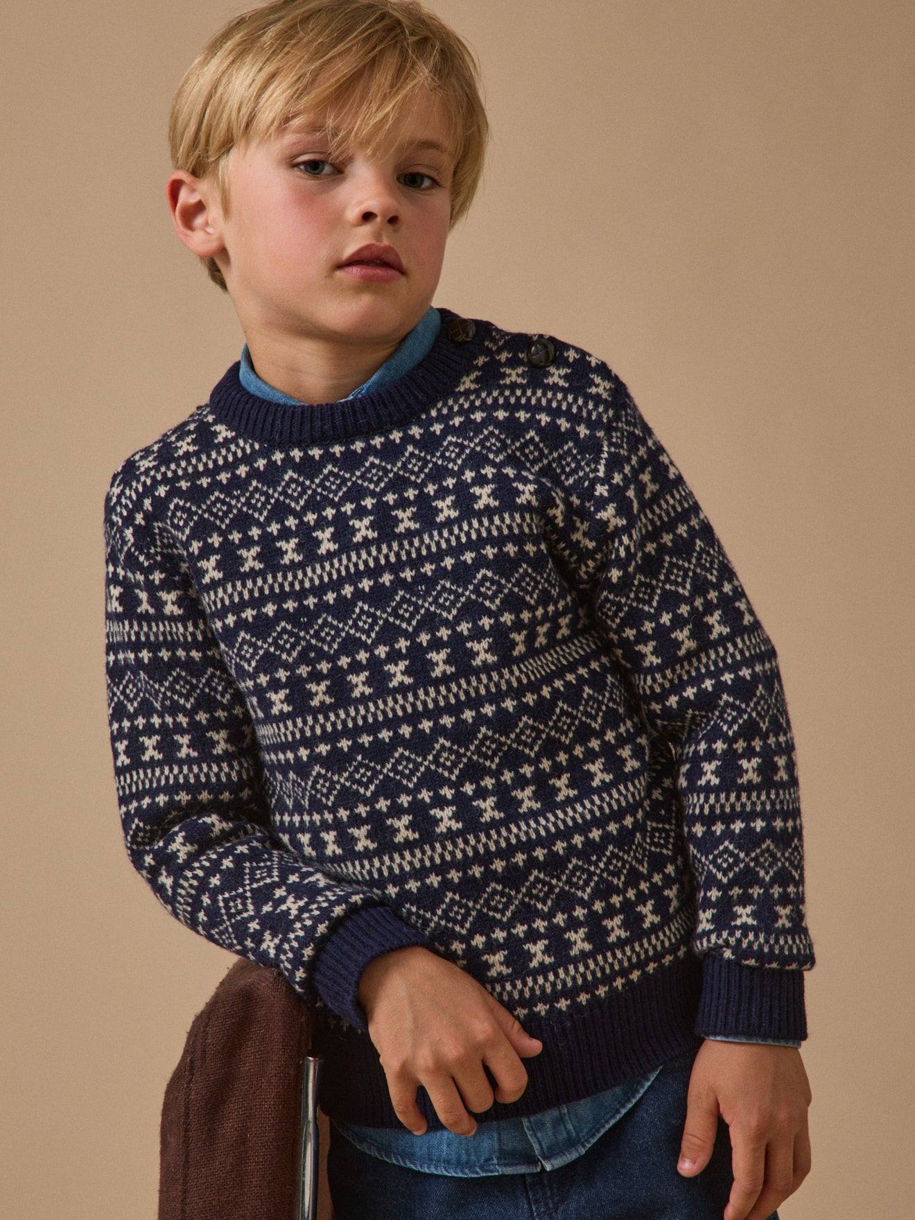 Pull Jacquard Avec Laine Garçon Marine