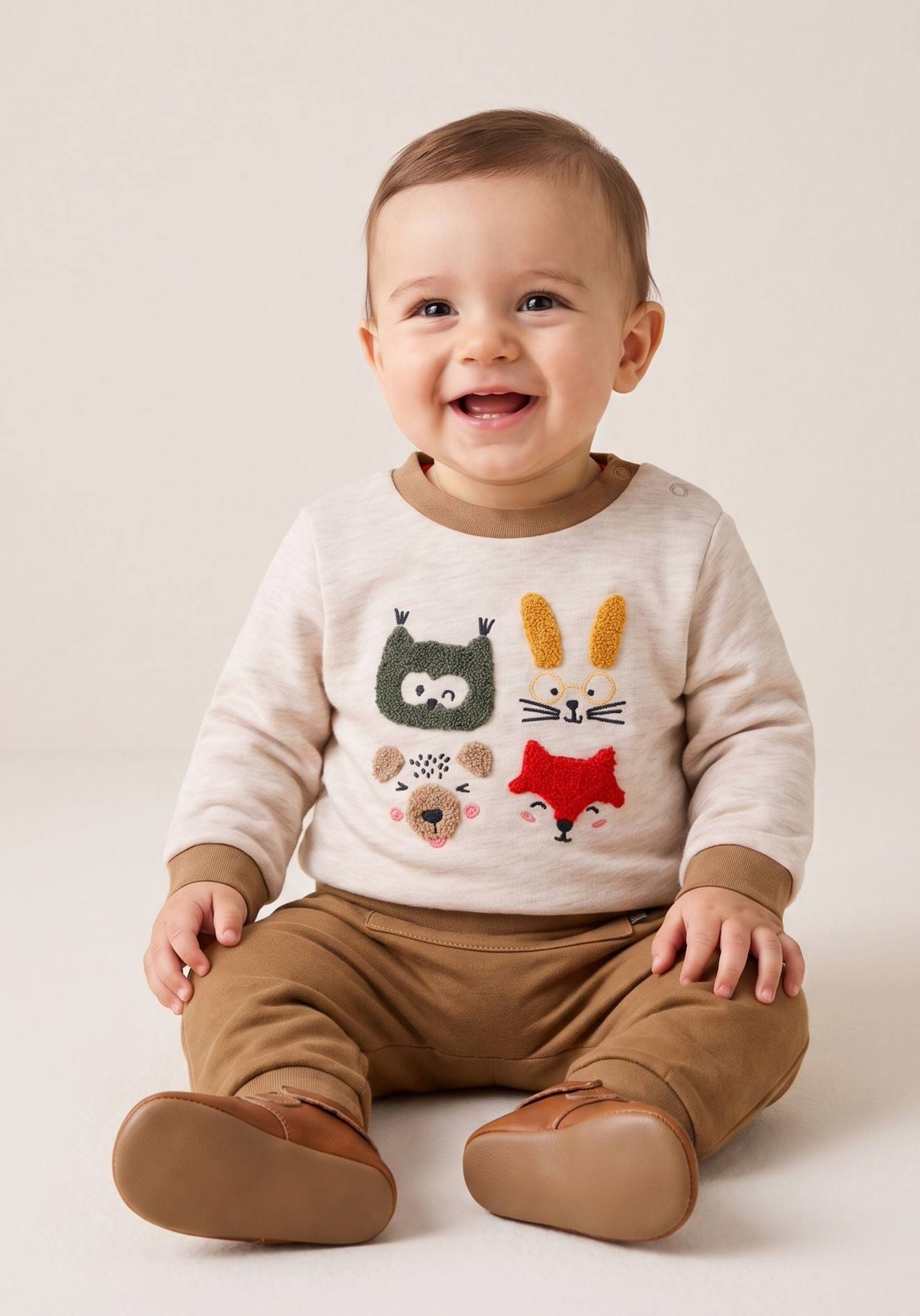 Ensemble Pantalon + Haut 100% Coton Bébé Garçon Beige Chine / Sable