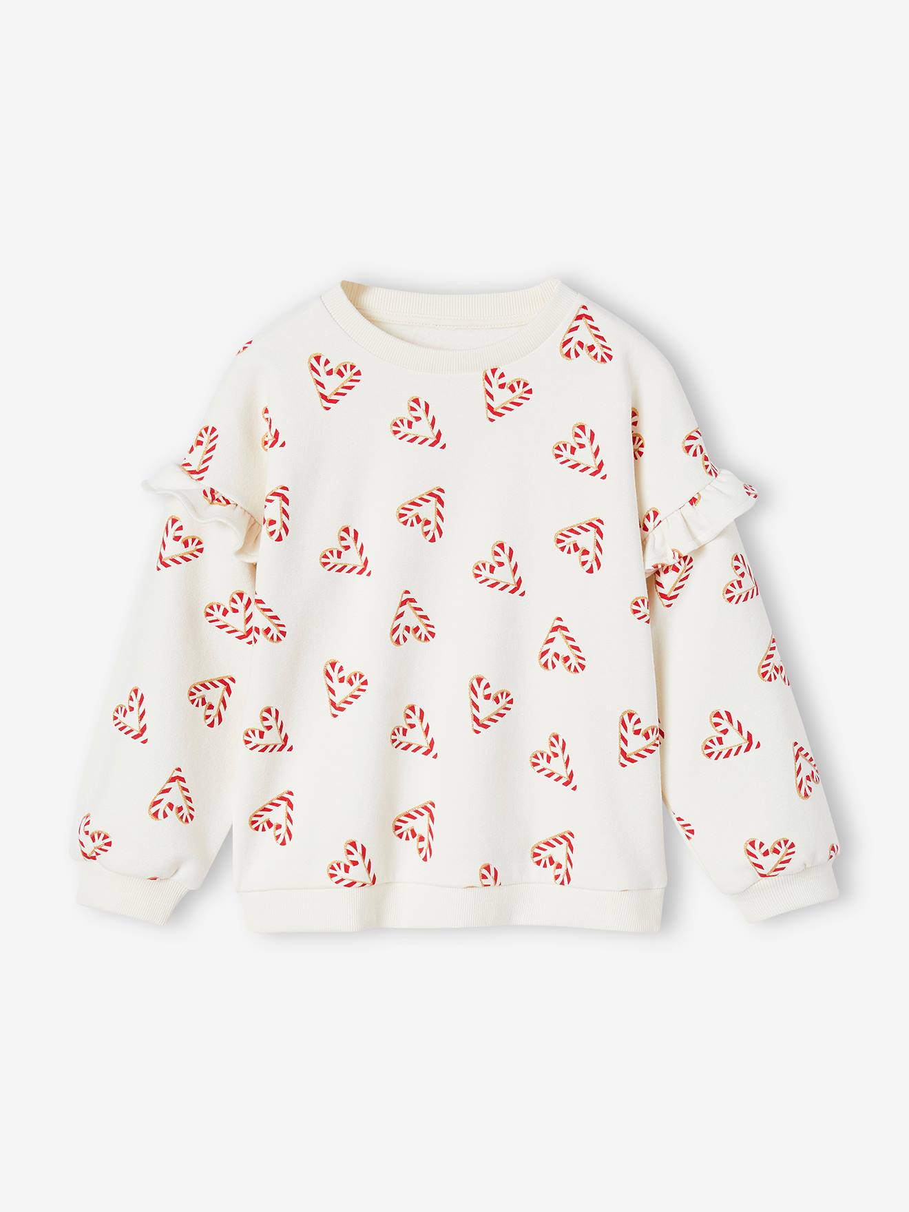 Sweat fille noël coeurs pailletés manches volantées écru