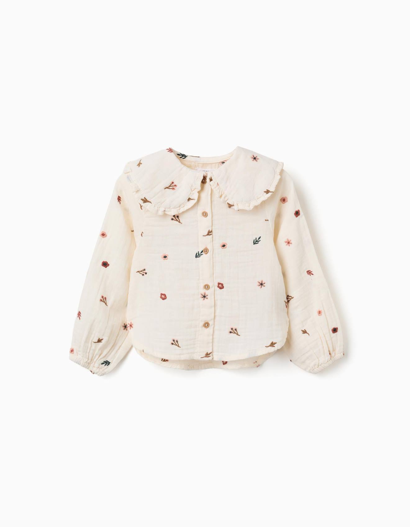 Blouse En Coton À Manches Longues Avec Fleurs Brodées Blanc