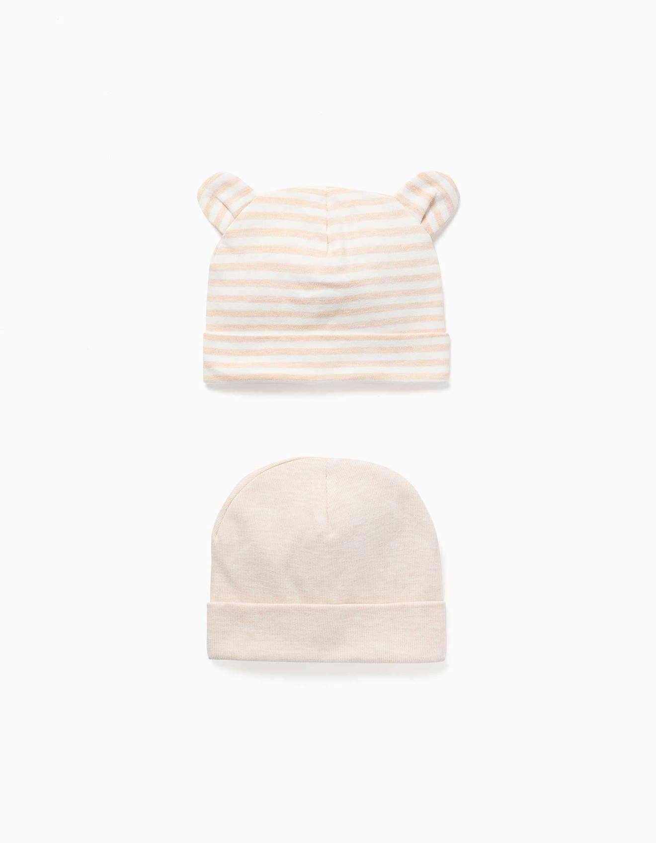 Lot De 2 Bonnets Uni/à Rayures Beige Lot De 2 Bonnets Uni/à Rayures Beige