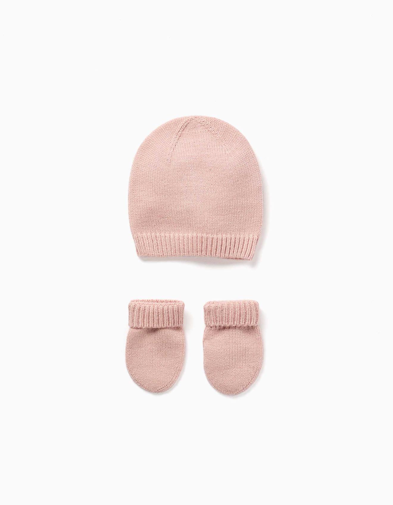 Ensemble Bonnet + Moufles En Maille Rose Clair