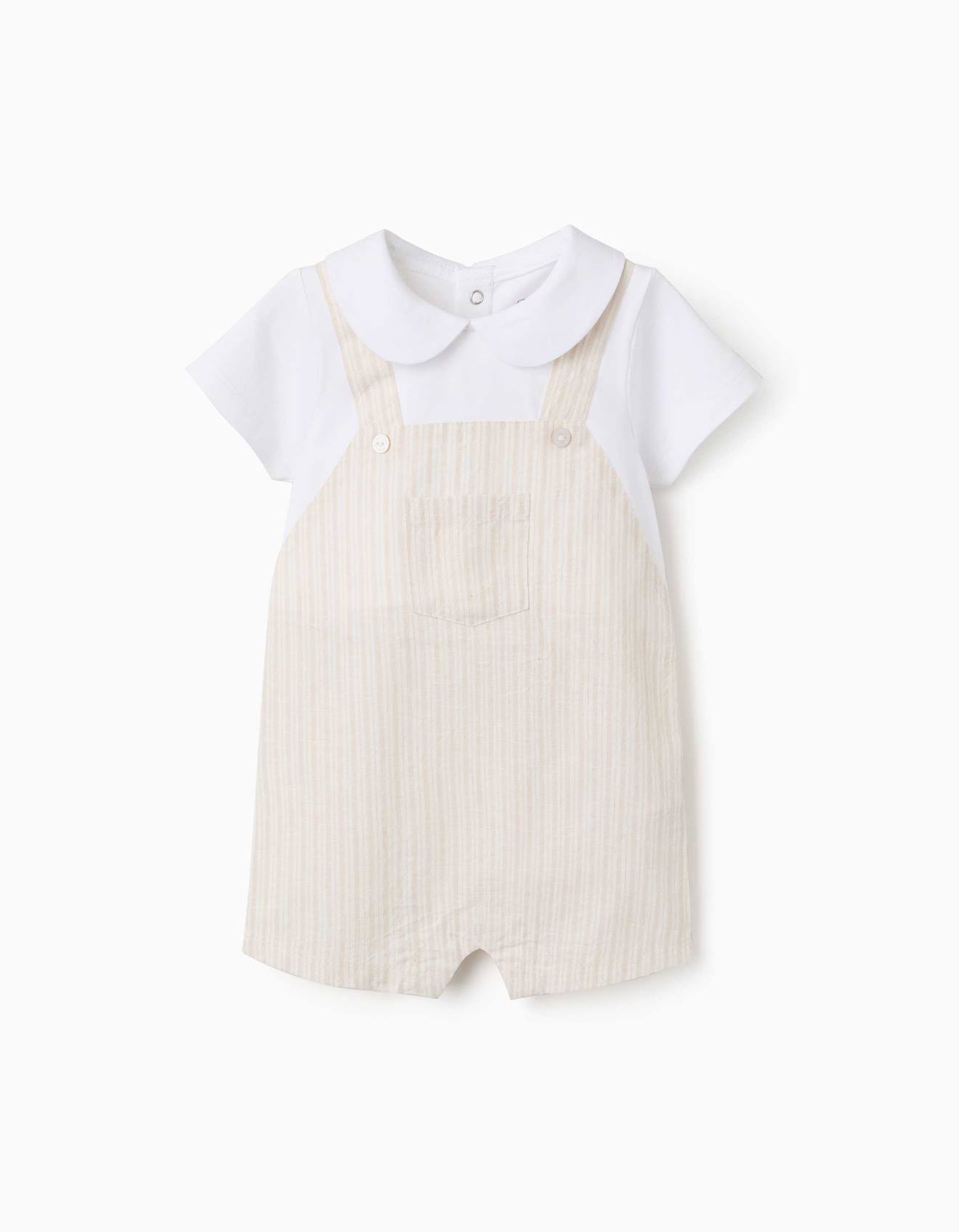 Barboteuse En Coton Et Lin À Rayures Beige Clair