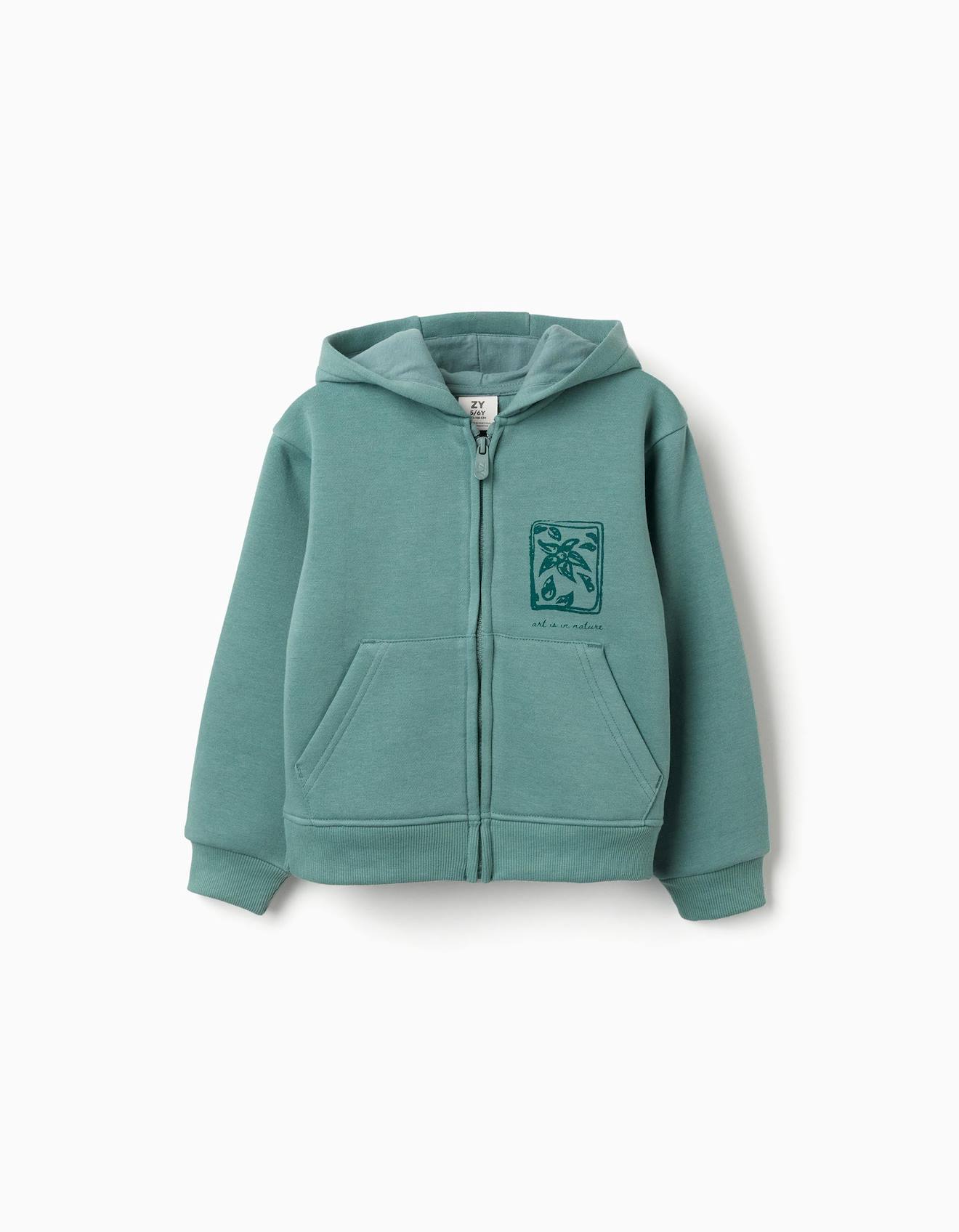 Sweat Zippé En Coton Peigné À Capuche Avec Imprimés Floraux Vert Clair