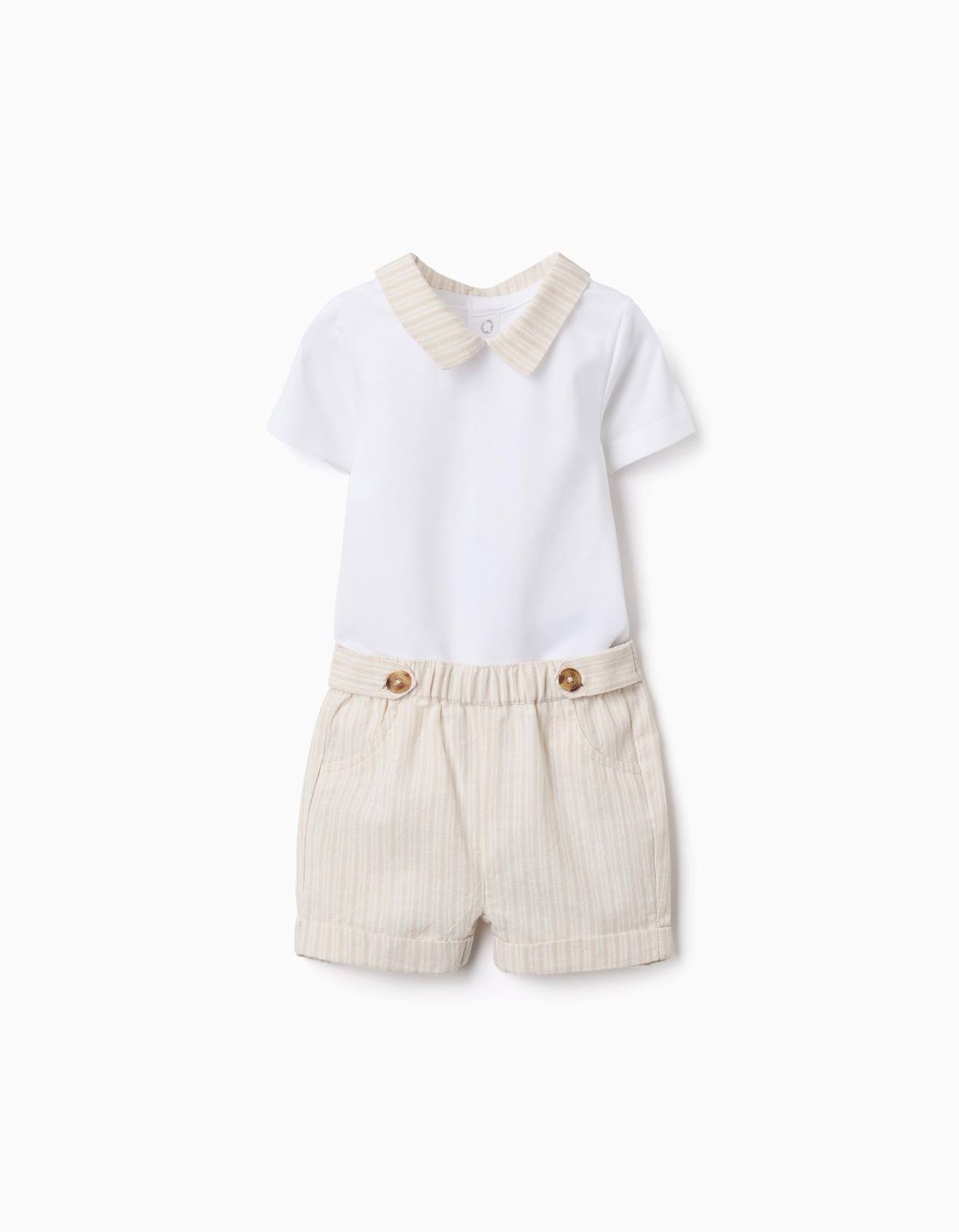 Ensemble Body En Coton + Short À Rayures Beige Clair