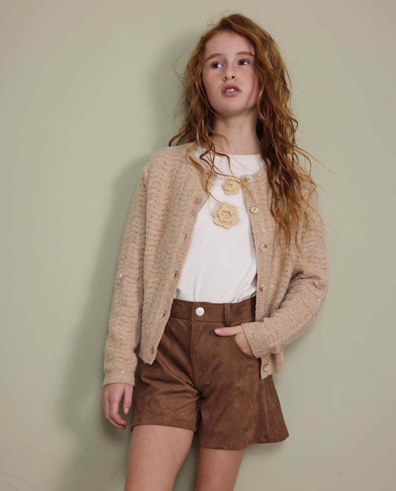 Short De Fille En Daim Avec Taille Haute Et Fermeture À Bouton Marron