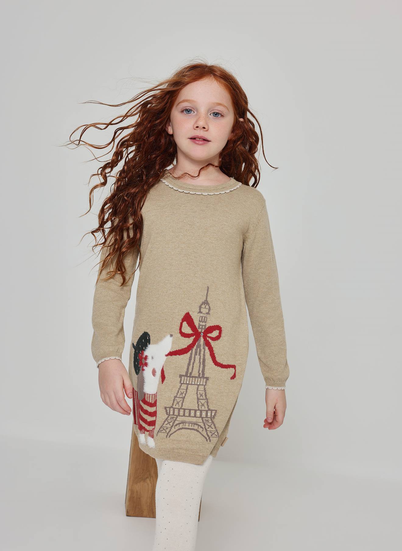 Robe Fille Imprimée Tour Eiffel Et Chien Beige