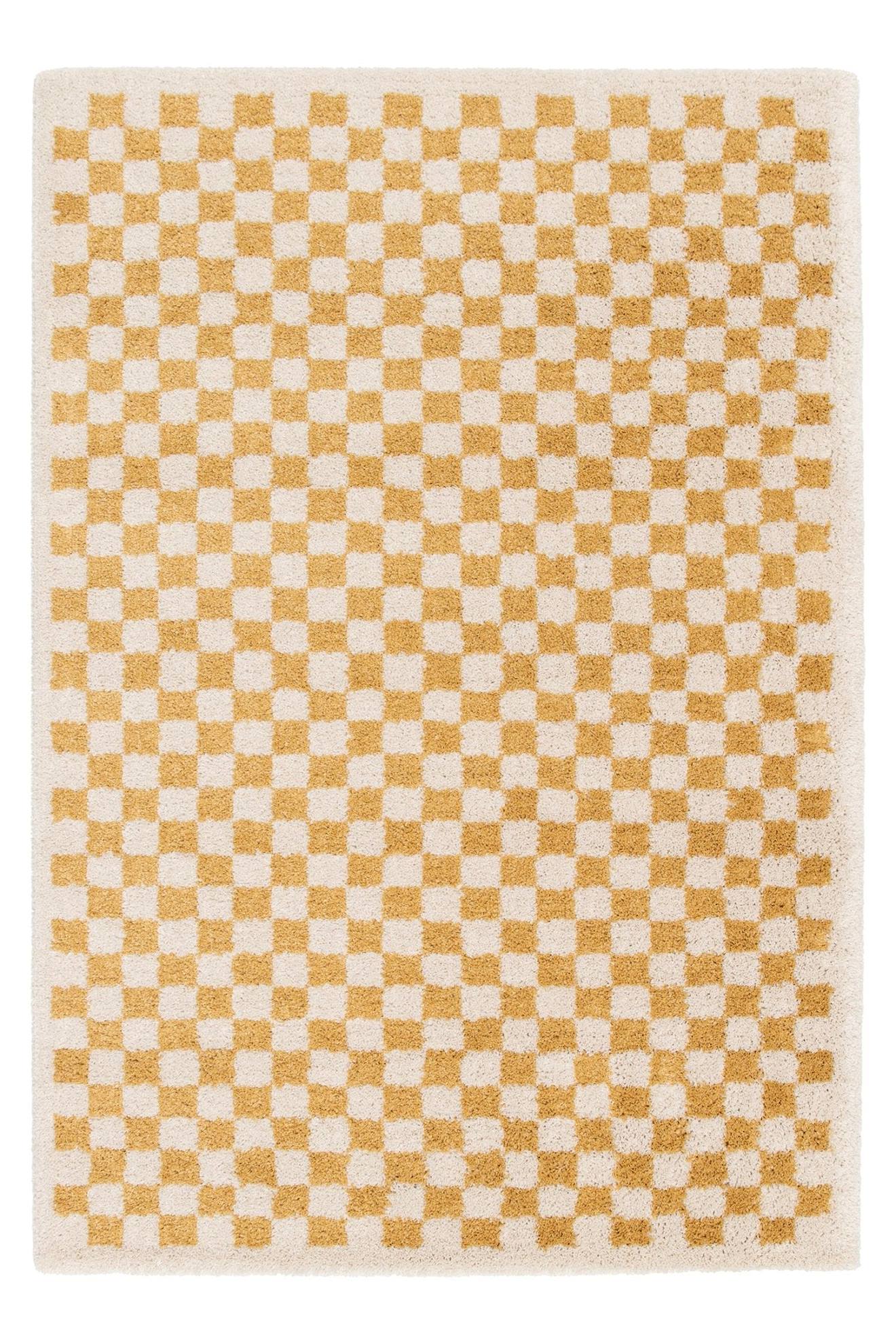 Tapis Damier Poils Longs Doux Et Volumineux Checkers Jaune Naturel
