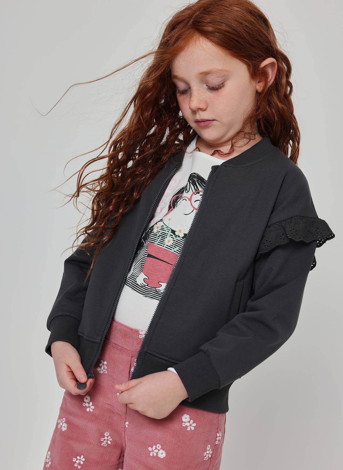 Gilet Fille Molleton Avec Volants Gris