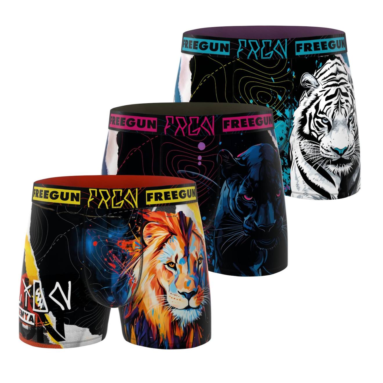 Lot De 3 Boxers Junior Collection Pop Art Animals Noir/jaune/orange/bleu/fushia/