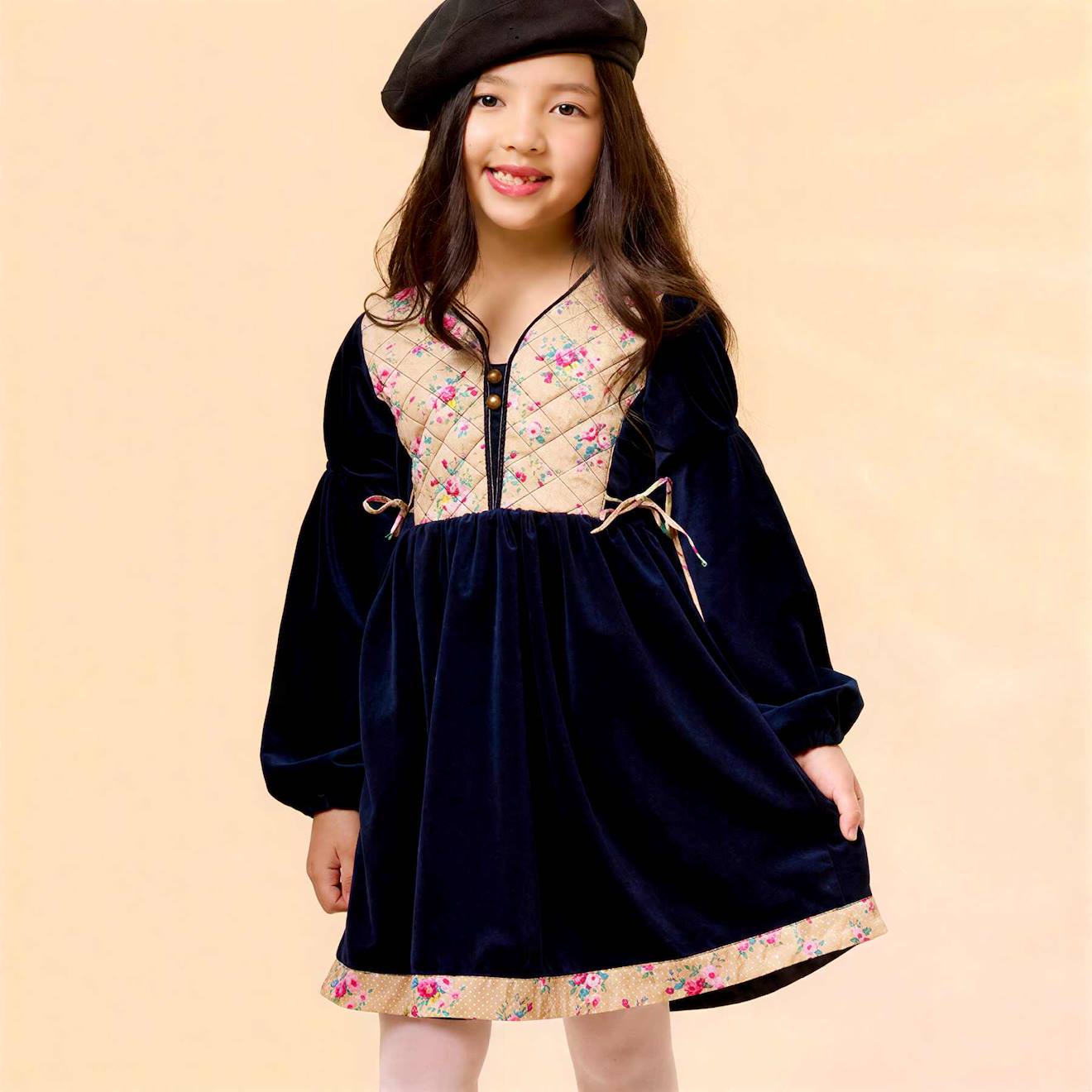 Robe Hiver Velours Fleurie Margot Bleu Marine Beige