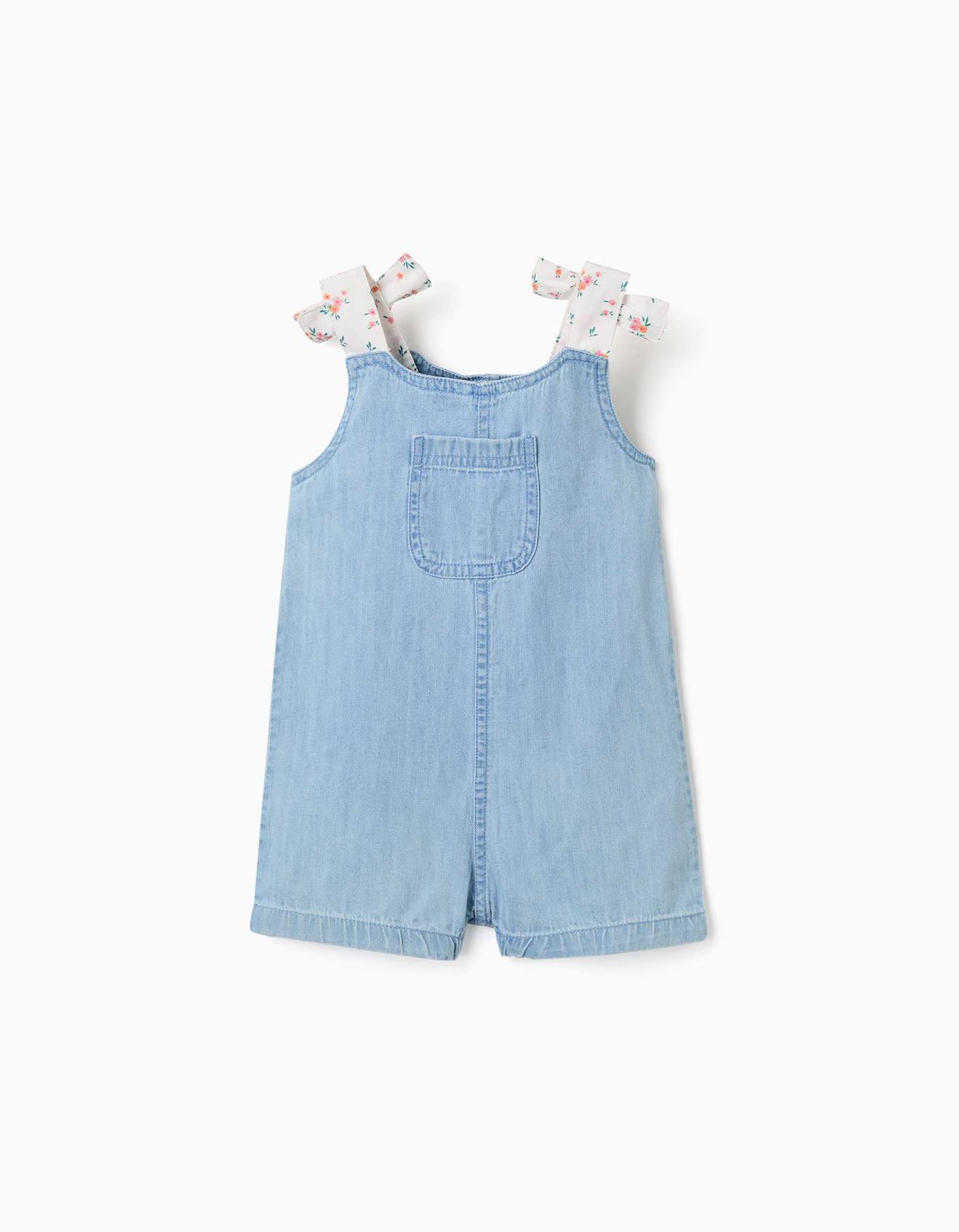 Combishort En Jean Avec Bretelles À Motif Floral Bleu