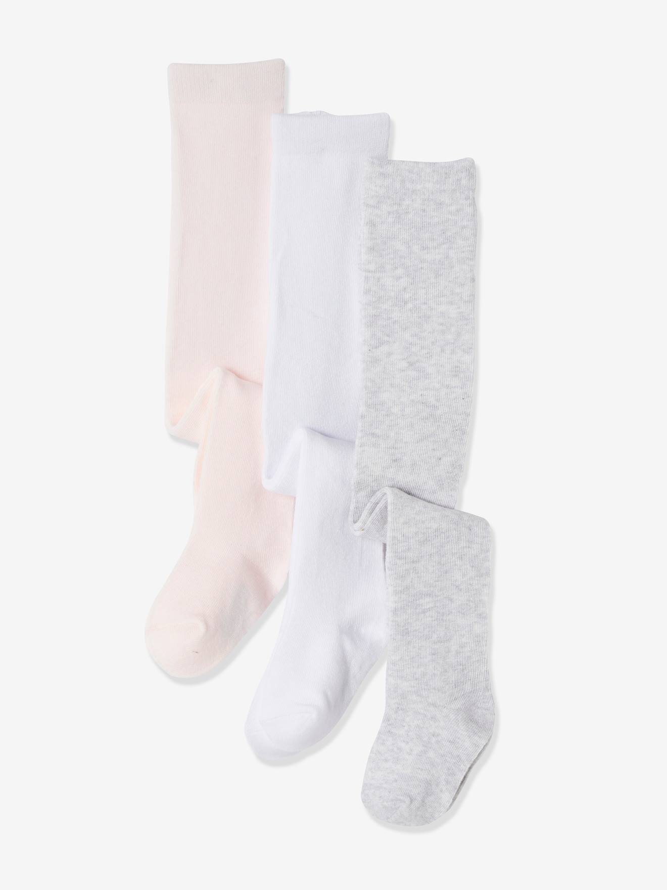 Lot de 3 collants bébé maille blanc/rose clair/gris chiné (Vertbaudet) - Image 1