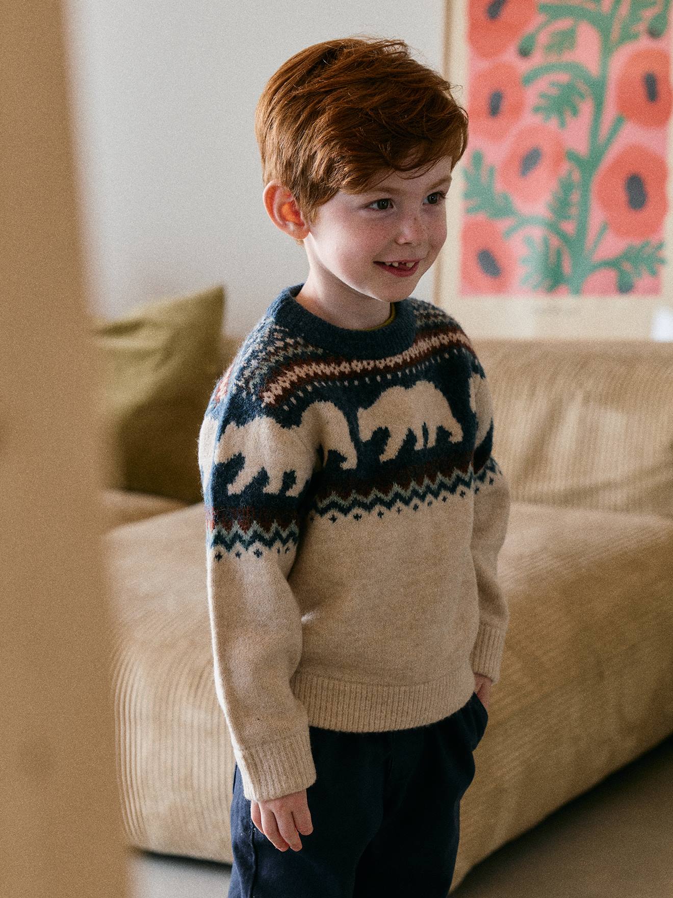 Pull jacquard garçon manches longues blanc chiné