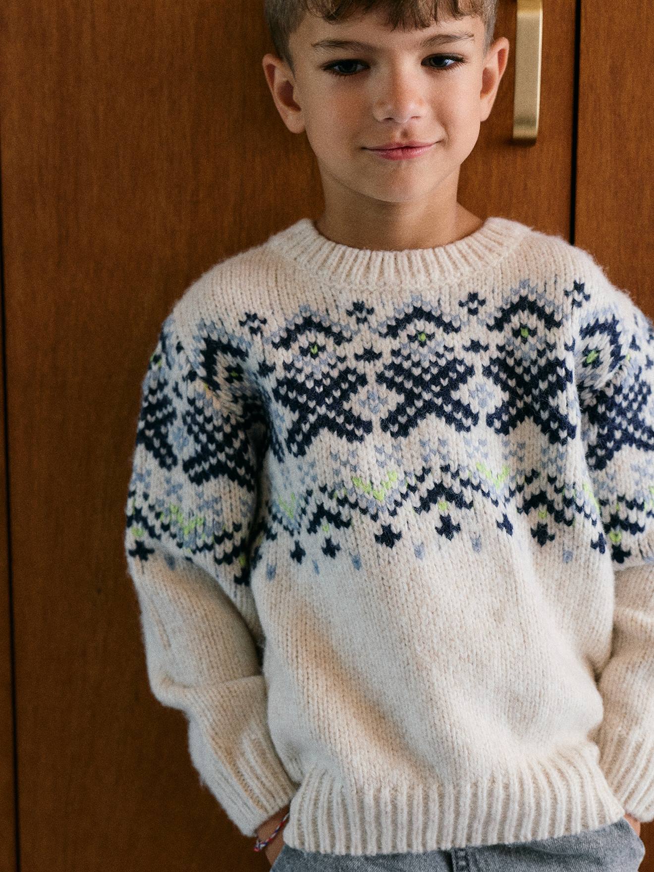 Pull jacquard garçon col rond blanc