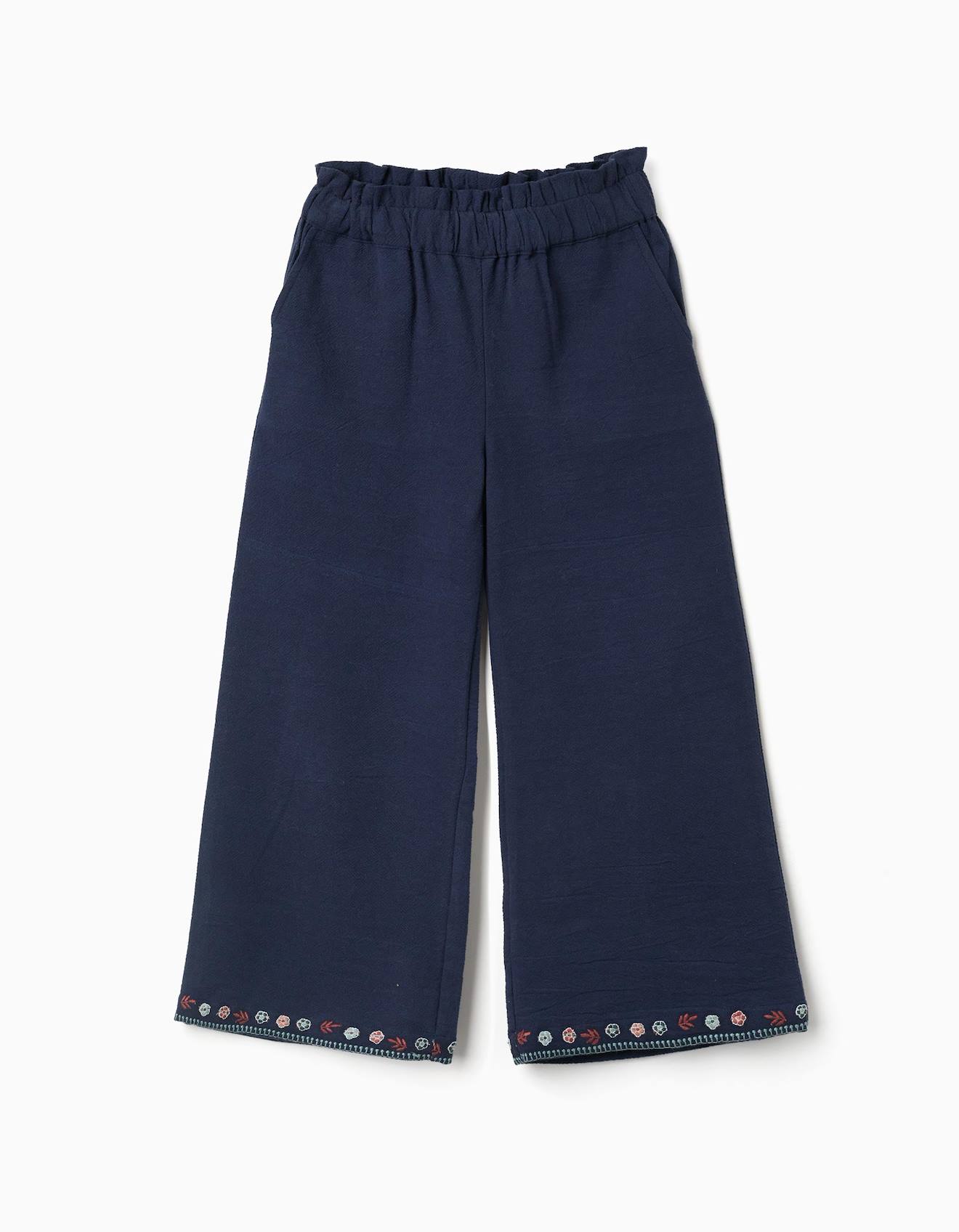 Pantalon En Coton À Jambe Large Avec Fleurs Brodées Bleu Foncé