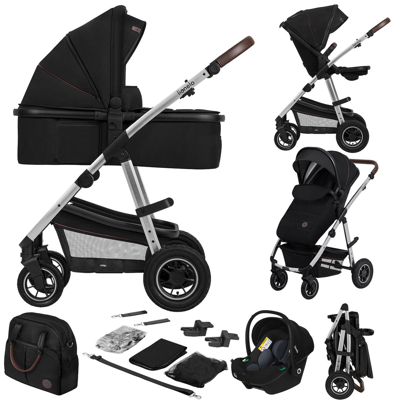 Poussette 3en1 Amber Jusqu’à 22 Kg Avec Nacelle, Siège-auto, Sac Et Accessoires Black Silver
