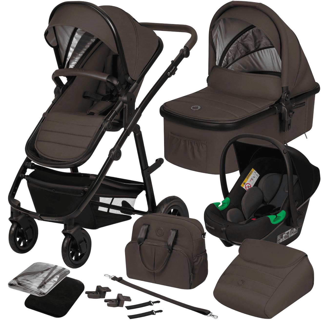 Poussette 3en1 Amber Jusqu’à 22 Kg Avec Nacelle, Siège-auto, Sac Et Accessoires Brown Chocolate