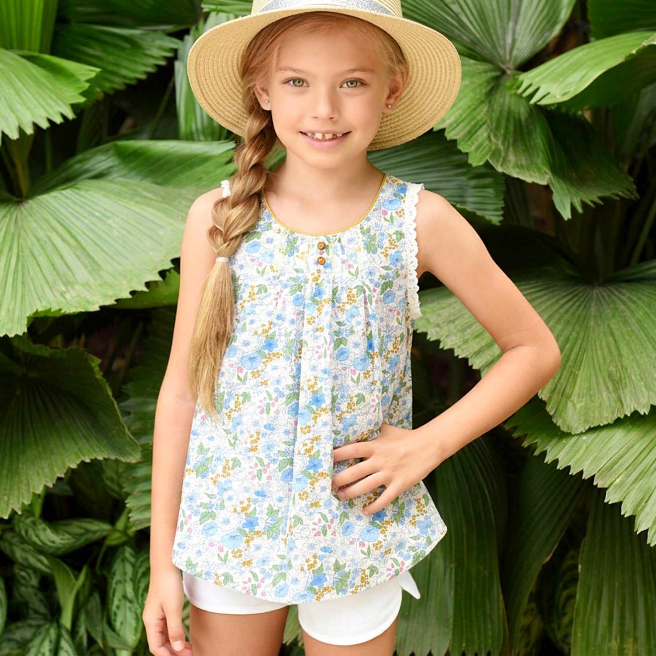 Blouse Fleurie À Bretelles Croisées Anaïs Bleu Ciel Fleuri Rose