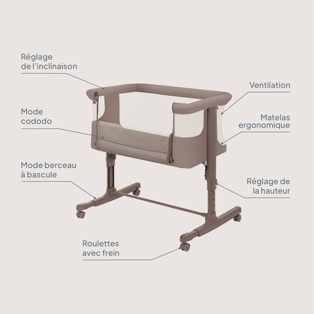 Lit Cododo Berceau 3en1 Aurora Avec Matelas Et Sac Beige Taupe (Lionelo) - Image 1