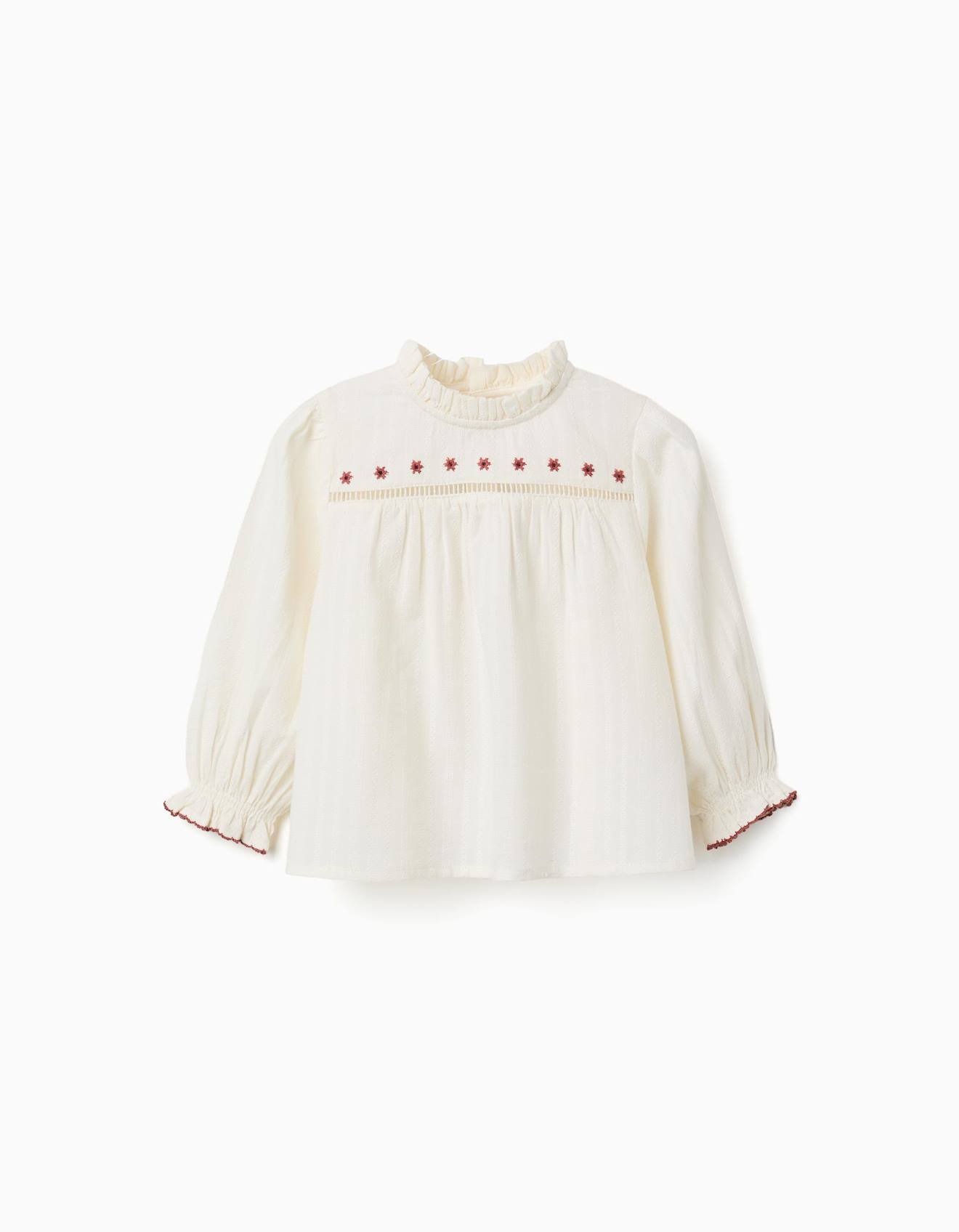Chemise En Coton À Manches Longues Avec Fleurs Et Volants Blanc