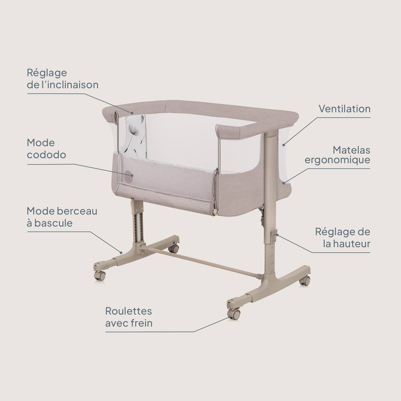 Lit Cododo Berceau 3en1 Aurora Avec Matelas Et Sac Beige Cappuccino (Lionelo) - Image 1