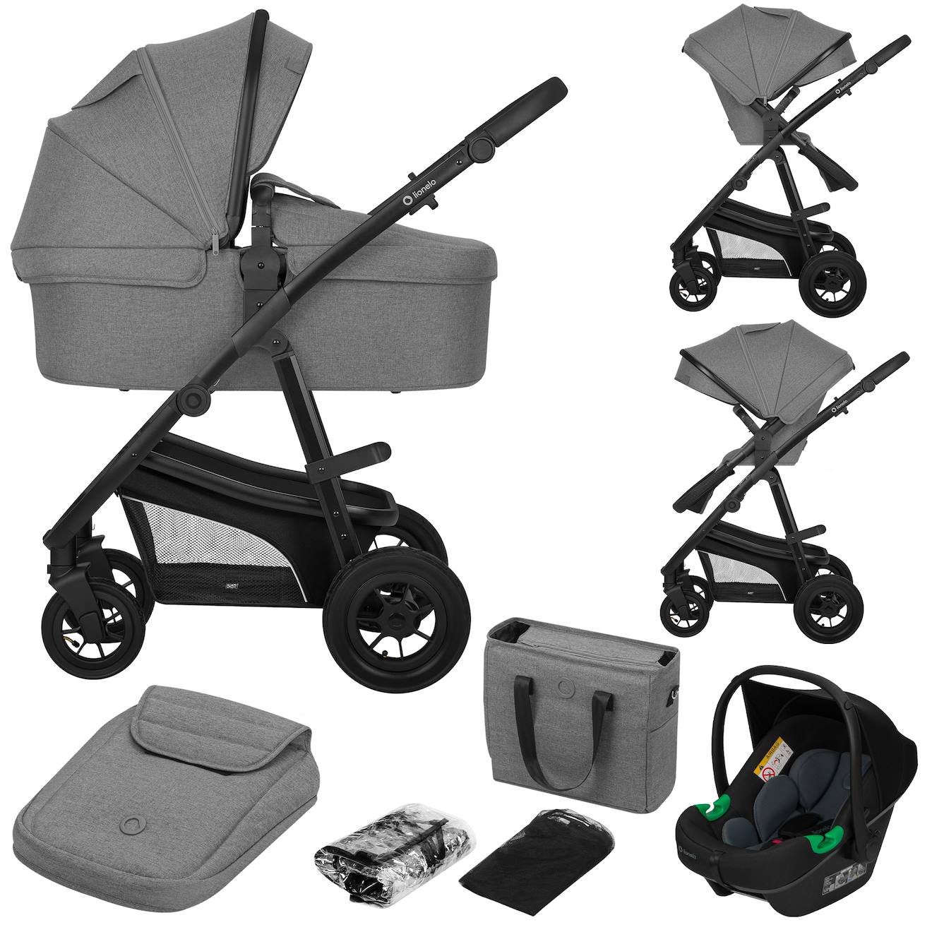 Poussette Trio Lionelo Bianka - Jusqu'à 22kg - Pack Poussette, Nacelle, Siège Auto Et Accessoires Grey Stone