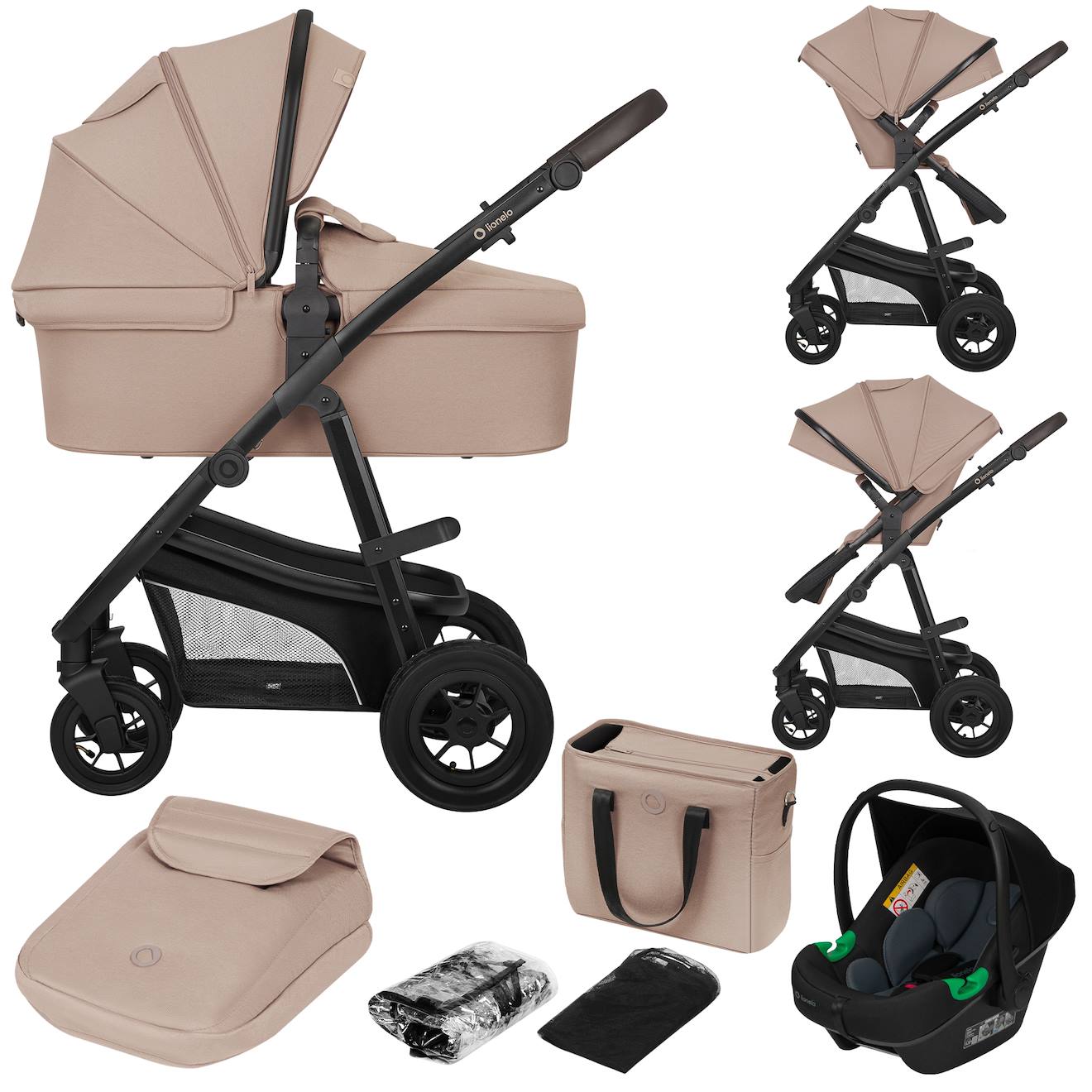 Poussette Trio Lionelo Bianka - Jusqu'à 22kg - Pack Poussette, Nacelle, Siège Auto Et Accessoires Beige Taupe
