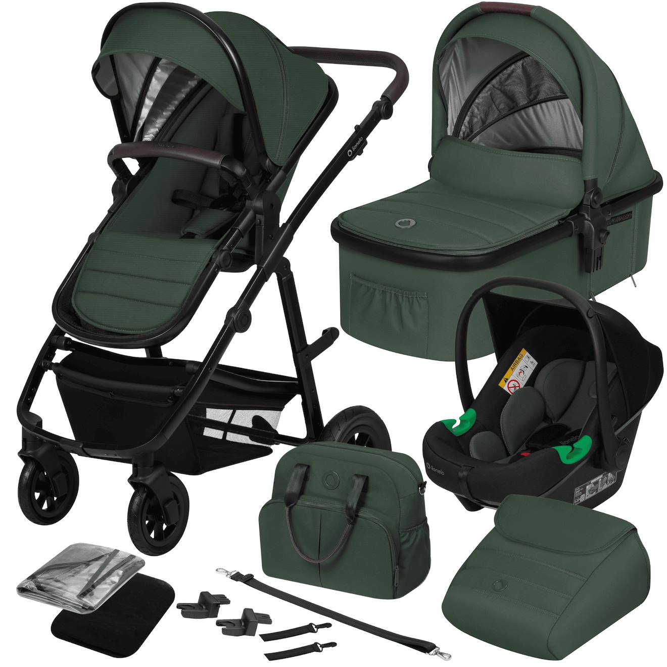 Poussette 3en1 Amber Jusqu’à 22 Kg Avec Nacelle, Siège-auto, Sac Et Accessoires Green Forest