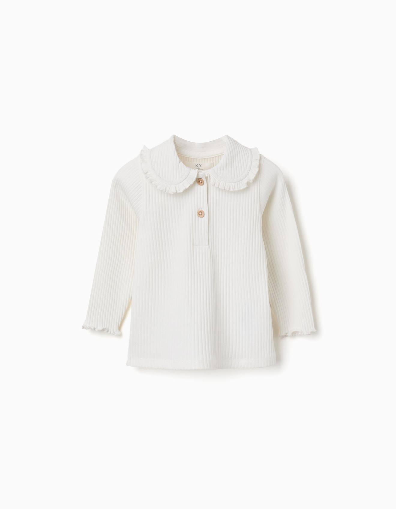 T-shirt À Manches Longues Côtelé Avec Col À Volants Blanc