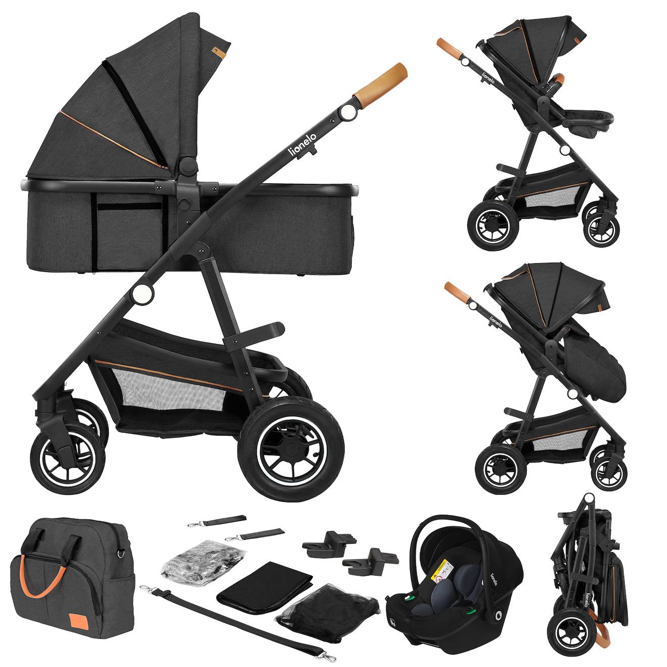 Poussette 3en1 Amber Jusqu’à 22 Kg Avec Nacelle, Siège-auto, Sac Et Accessoires Grey Graphite