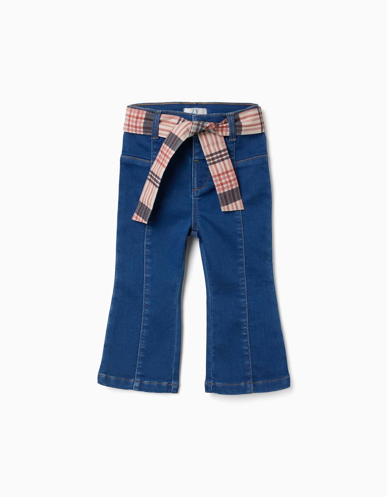 Jean Évasé Avec Poches Et Ceinture À Carreaux Bleu Jean Évasé Avec Poches Et Ceinture À Carreaux Bleu