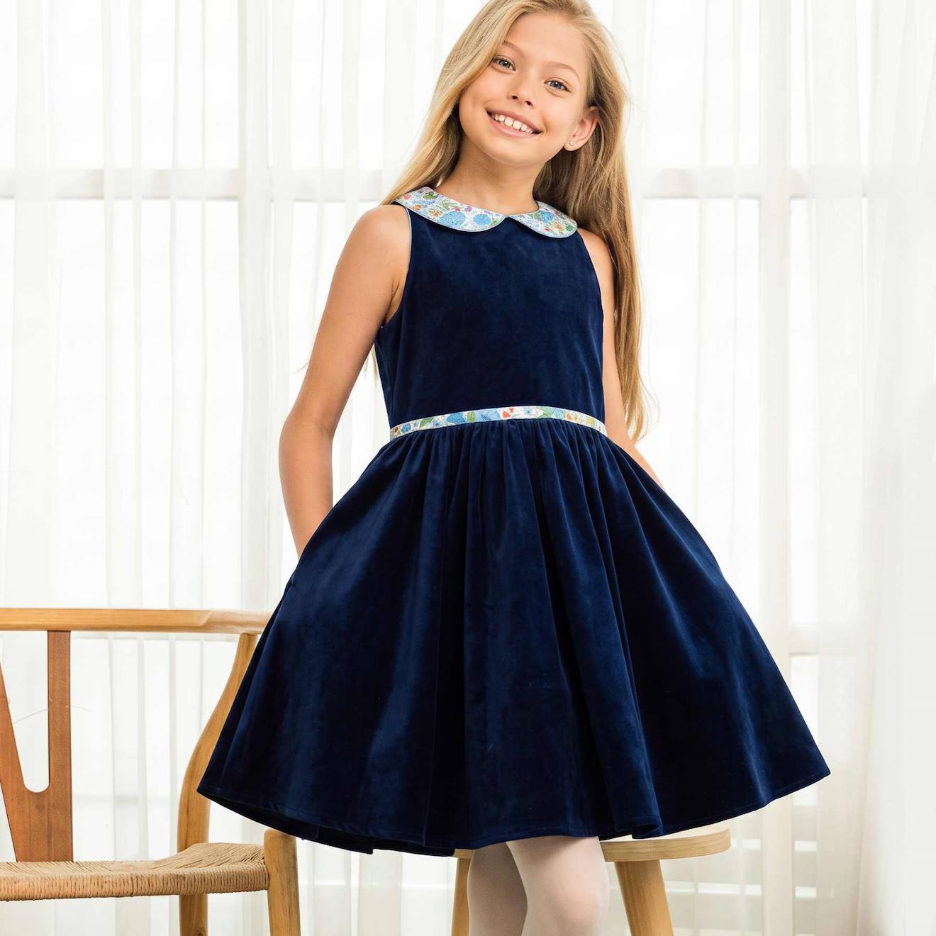 Robe Fille En Velours Hepburn Bleu Marine