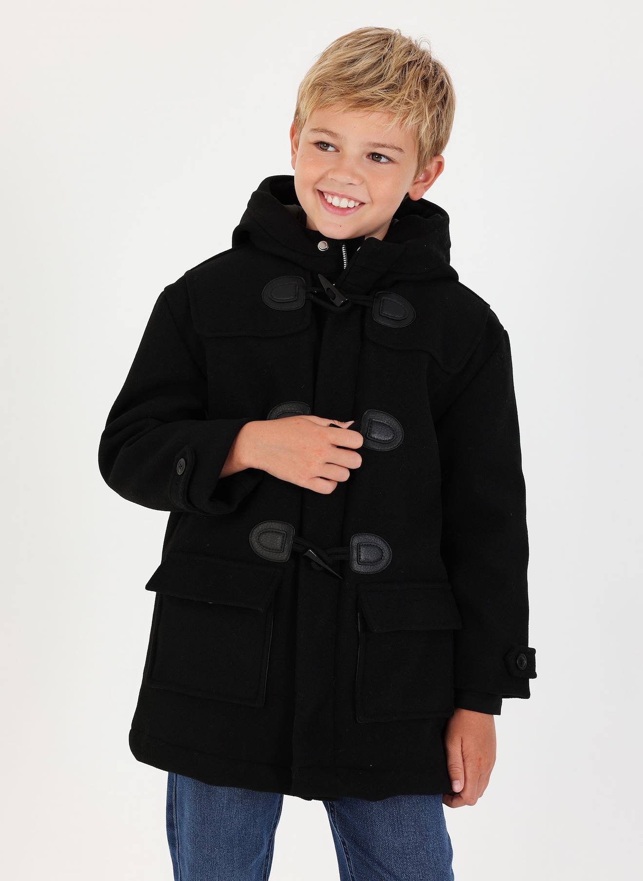 Duffle-coat Garçon Drap Avec Patch Éclair Noir