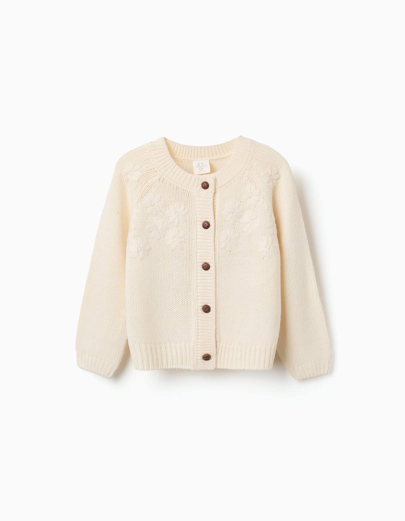 Cardigan En Maille Avec Fleurs Brodées Blanc