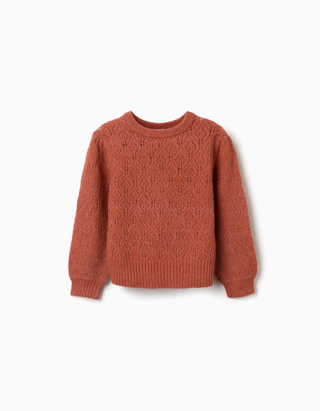 Pull En Maille Ajourée Avec Manches Bouffantes Marron
