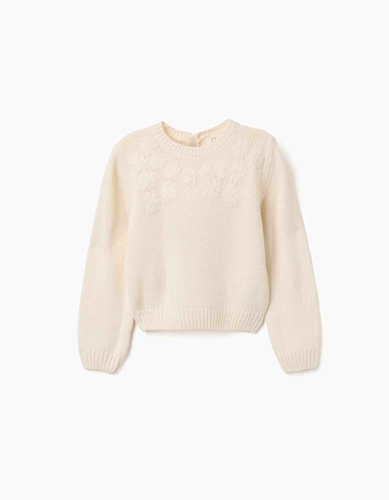 Pull En Maille Avec Broderie Florale Blanc
