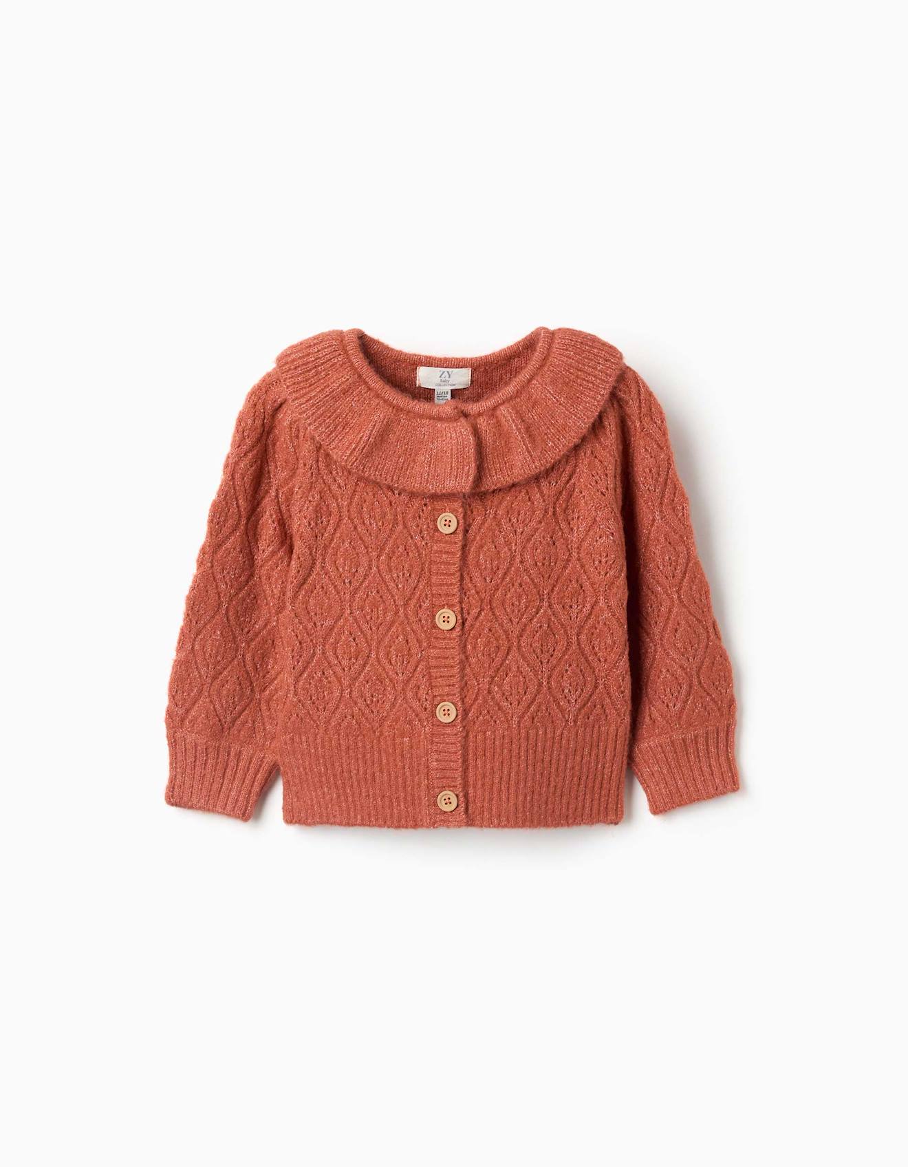 Cardigan En Maille Ajourée Avec Col À Volants Marron