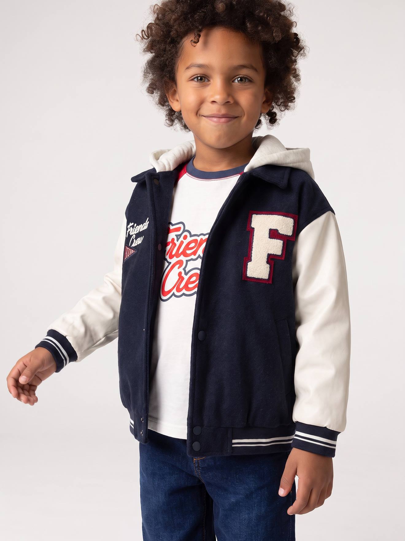 Blouson teddy garçon à capuche amovible marine