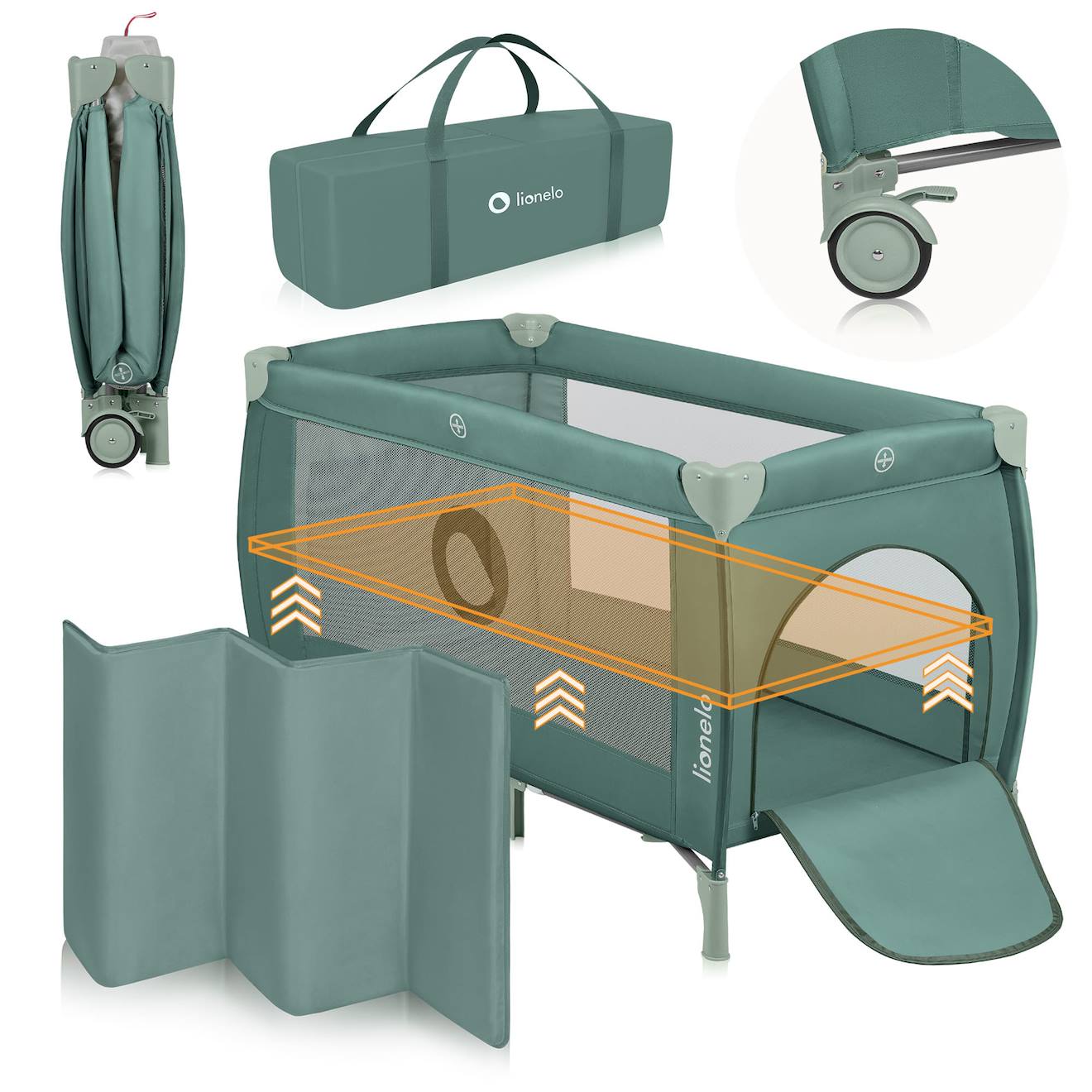 Lit Parapluie Parc Bébé 2en1 Stefi Plus 0-36 Mois Avec Matelas Haute Densité Et Roulettes Green Olive