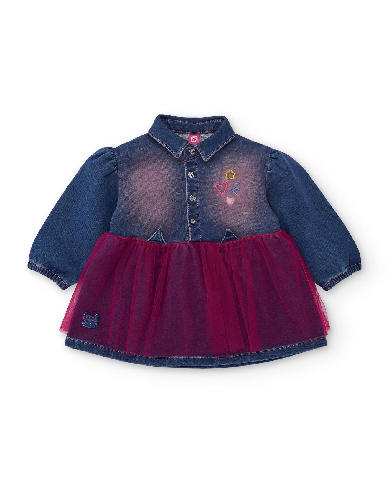 Robe Fille Bi-matière En Jean Et Jupe En Tulle Brodé Bleu