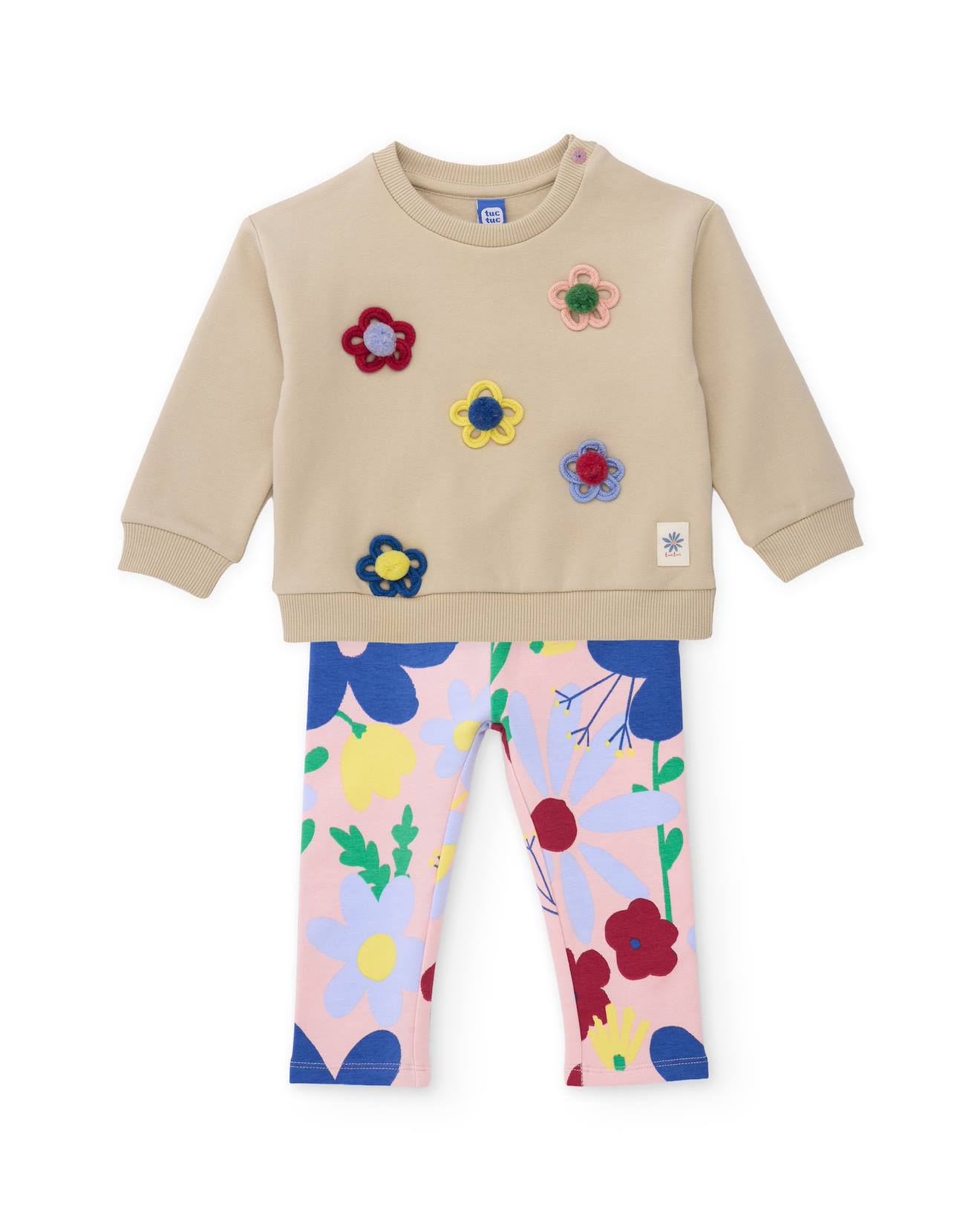 Ensemble Fille En Molleton Avec Sweat Fleuri Et Legging Imprimé Beige