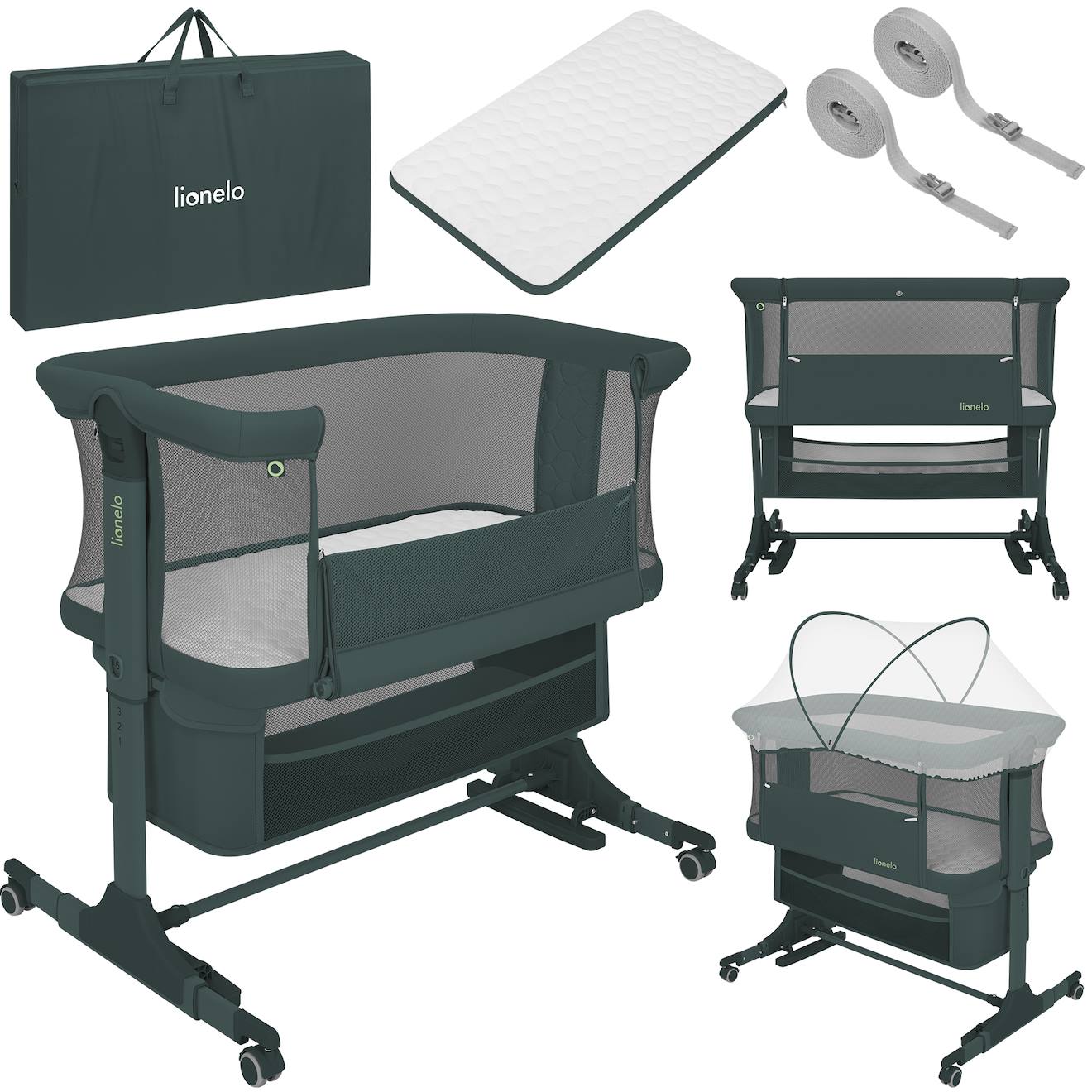 Lit Cododo Berceau 3en1 Jodie Réglable En Hauteur Et Inclinaison Avec Matelas Haute Densité Green Graphite