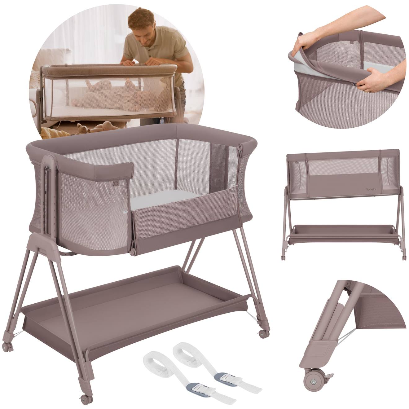 Lit Cododo Berceau 3en1 Luna Réglable En Hauteur Et Inclinaison Avec Matelas Beige Taupe