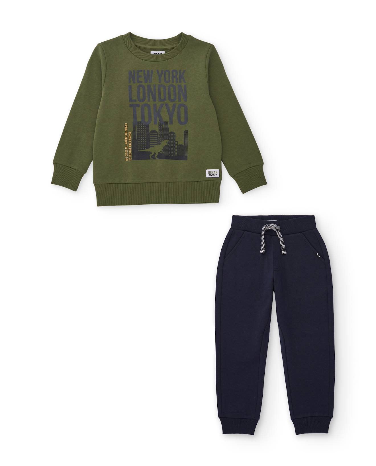 Ensemble Garçon Avec Sweat En Coton À Motif Urbain Et Pantalon Vert