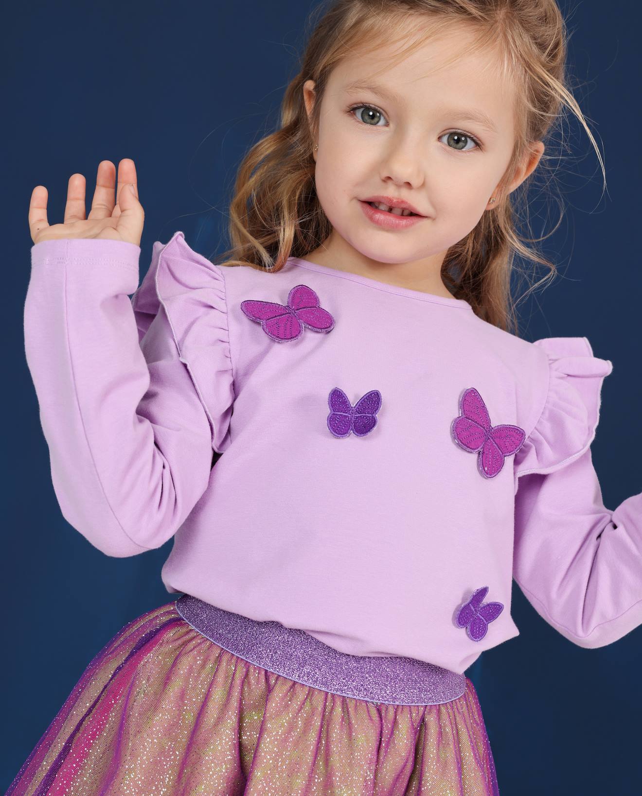 T-shirt En Jersey Fille À Volants Aux Épaules Et Broderie Papillons Violet